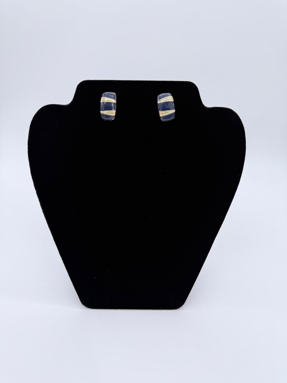 Vintage Retro Gold Tone Blue Enamel Rectangular Pierced Earrings